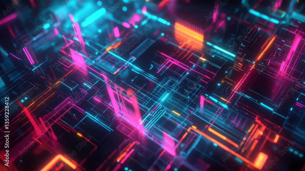 Poster neural network and innovation in the field of high technology. 3d illustration of polygonal fields a