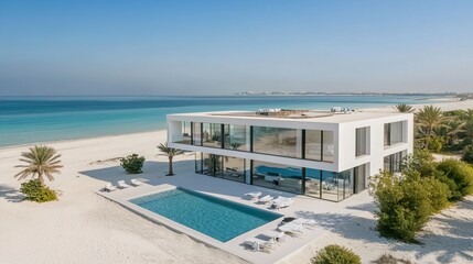Fototapeta premium Contemporary white villa by the beach, large glass windows reflecting the ocean, surrounded by soft sandy dunes, tranquil turquoise waters in the background, serene luxury. 