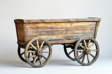 An antique wooden cart sits with its big wooden wheels ready