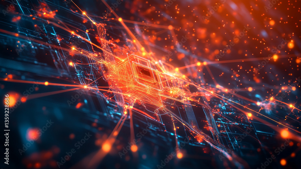Poster neural network and innovation in the field of high technology. 3d illustration of polygonal fields a