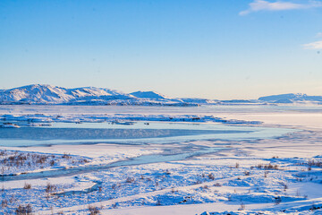 Winter landscape of Thingvellir National Park, sunset view.