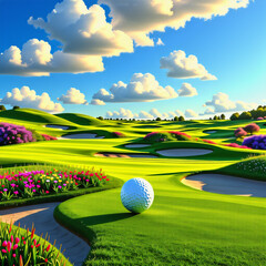 abstract image - A golf ball on the Golf course with a bright sky and lush green fairway.