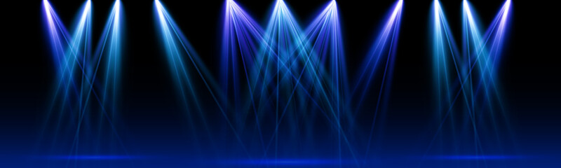 Fototapeta premium Spotlights of bright blue light with isolated place for stage and presentations. Vector glowing spotlight light effect with transparent beams. 