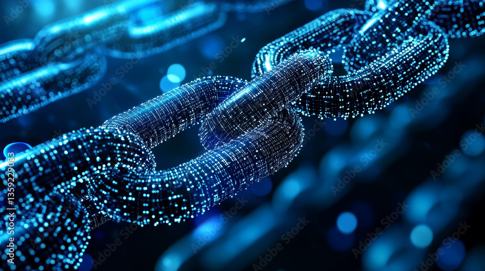 Poster blockchain in global digital network, quantum computer, nanotechnological circuit, high-tech process