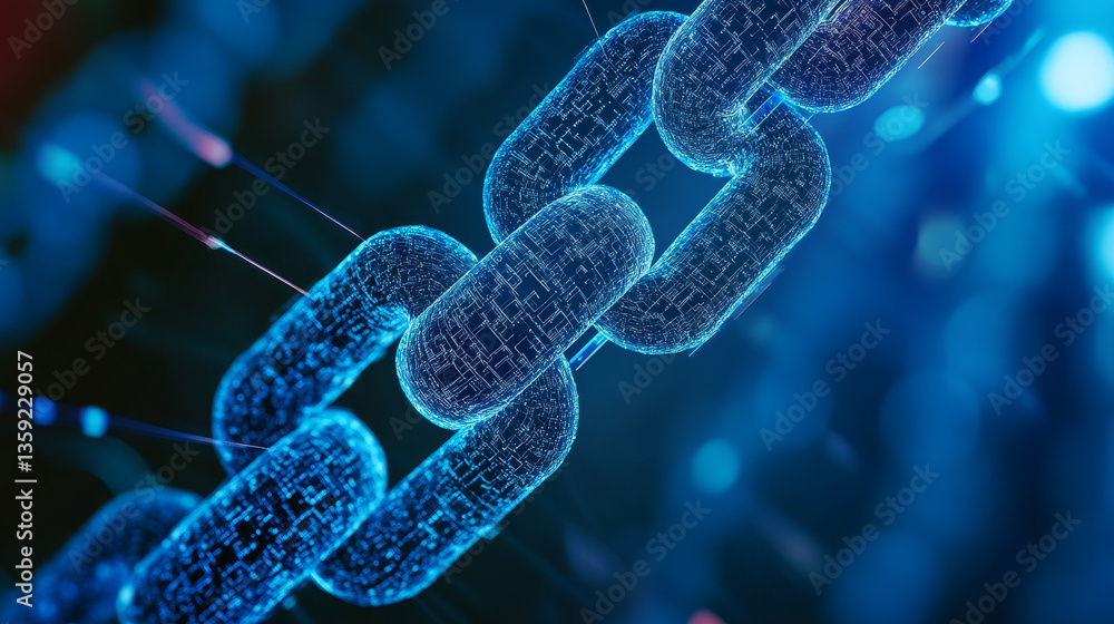 Poster blockchain in global digital network, quantum computer, nanotechnological circuit, high-tech process