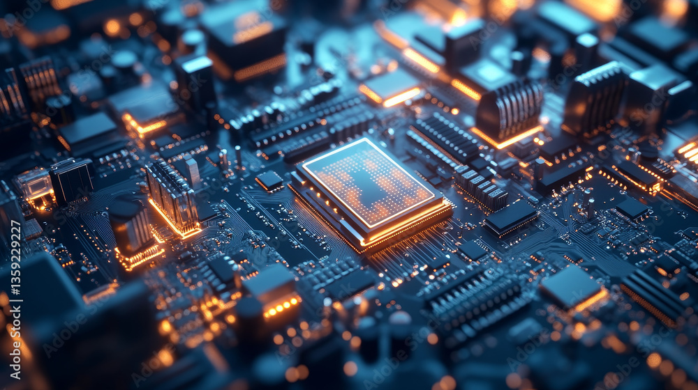 Poster blockchain in global digital network, quantum computer, nanotechnological circuit, high-tech process