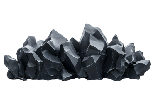 Sharp dark gray rock formation with angular shapes and a rough surface.