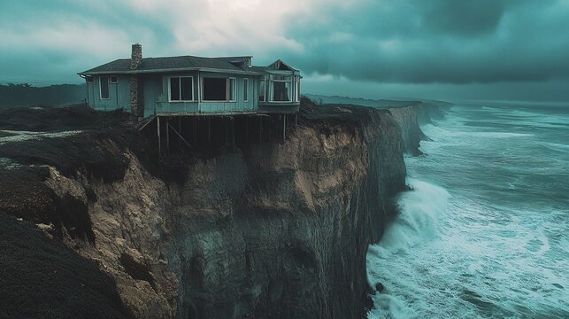 Dramatic erosion impact, cliffside home dangerously close to collapse, turbulent ocean below, ominous skies above, nature's power displayed in full, cinematic angle. 