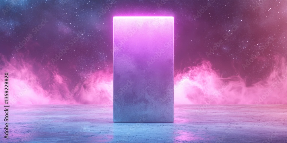 Poster Pink Glowing Rectangular Block on Reflective Surface with Nebula Background