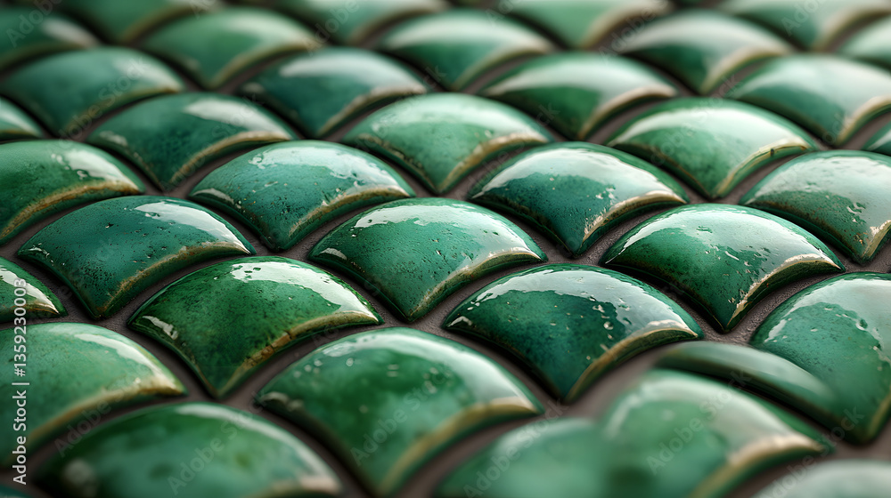 Poster earthy green tiles: an elegant display of glossy, emerald-green tiles, meticulously arranged in a pa