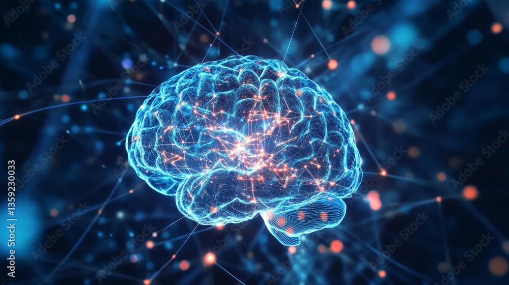 Poster inside, data processing. brain under microscope 3d illustration. neural connections, neural network,