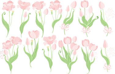 Set of vector clip art of pink tulips and bows and ranches isolated.