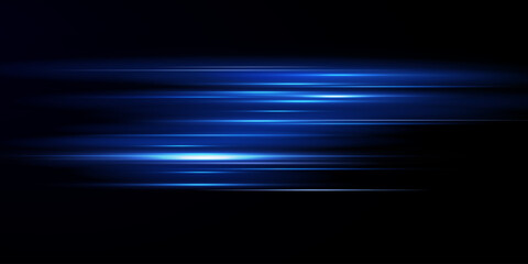 Neon blue lines moving light effect. Horizontal lines. Speed ​​effect on a transparent background. Lines of light, speed and movement.