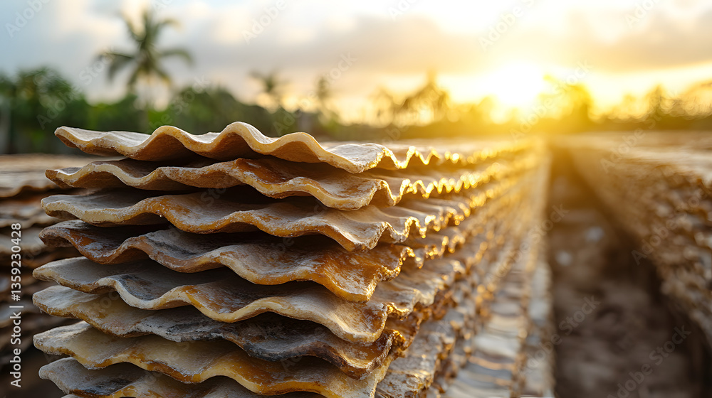 Poster material under the sun: a close-up shot of stacks of corrugated material bask in the golden light of