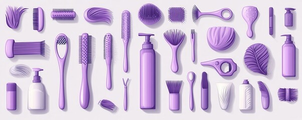 Collection of purple hair accessories and beauty tools on a white background