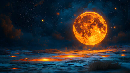 A fiery orb hovers above water reflecting stars in a night sky Earthy banks accent the blue hues creating an ethereal