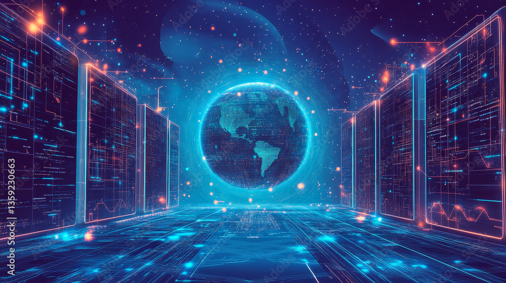 Poster high technology in space. portal 3d illustration. space and time, global digital database in cybersp