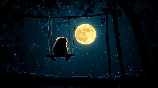 A figure on a swing against the backdrop of a full moon and starry night surrounded by silhouettes of trees and foliage