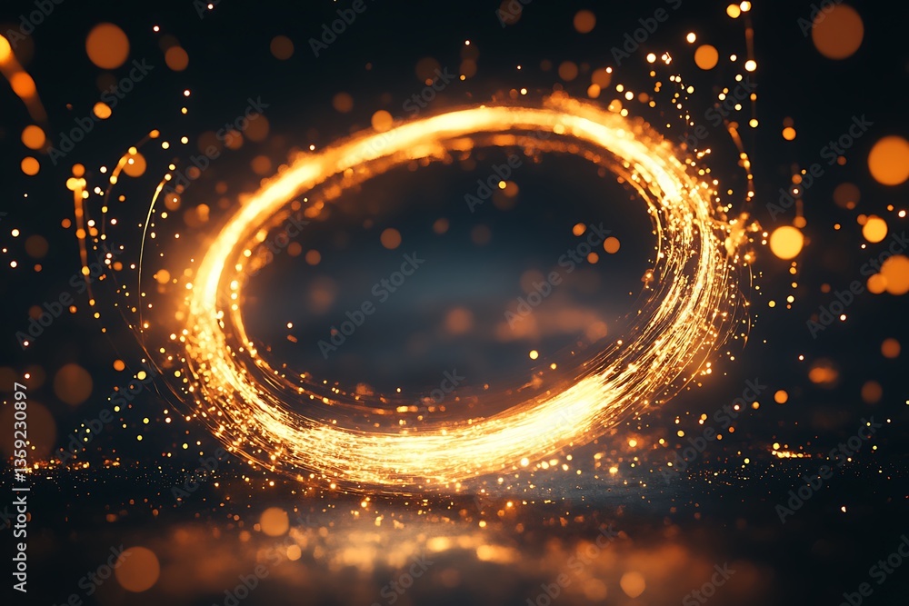Poster glowing circular light trails on dark background.