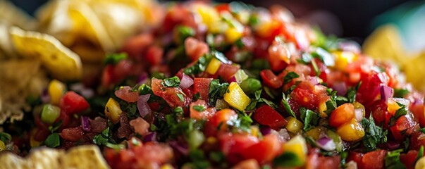  vegetable salsa with crispy tortilla chips for delicious snack or appetizer, colorful ingredients for festive occasion and holiday party