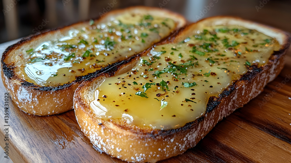 Poster golden toast delight: a close-up shot captures two slices of toasted bread, generously topped with a
