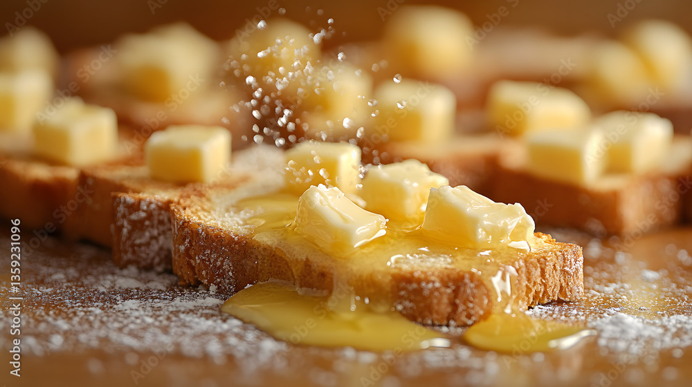 Poster honey-butter toast delight: a macro shot showcasing the rich, golden hues of honey and butter drizzl