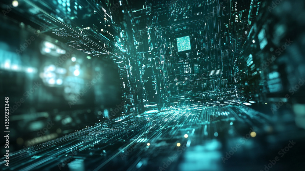 Poster neural network. cyber city, digital technology and information security. big data concept 3d illustr