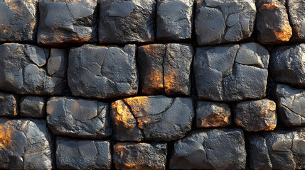 Fototapeta premium Stone Wall Texture: A close-up shot of a robust stone wall showcasing a detailed texture and a sense of history. The rough-hewn stones create a tactile and visual experience.