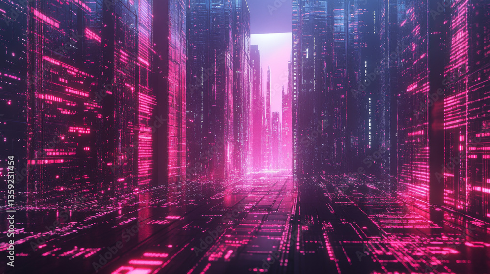 Poster neural network. cyber city, digital technology and information security. big data concept 3d illustr