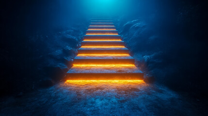 Mysterious glowing staircase ascends into darkness symbolizing hope success and unknown future opportunities.