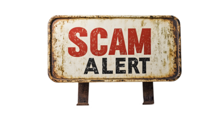 Scam alert message on old rusty rectangular metal sign with a pole, warning notification.