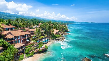 Fototapeta premium Drone perspective luxury tropical villas along pristine beach clear blue waves lush palms sunny skies vivid warm tones. 