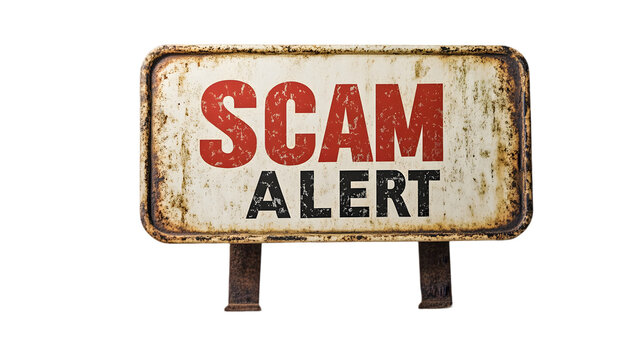 Scam alert message on old rusty rectangular metal sign with a pole, warning notification.