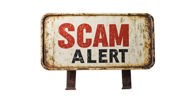 Scam alert message on old rusty rectangular metal sign with a pole, warning notification.