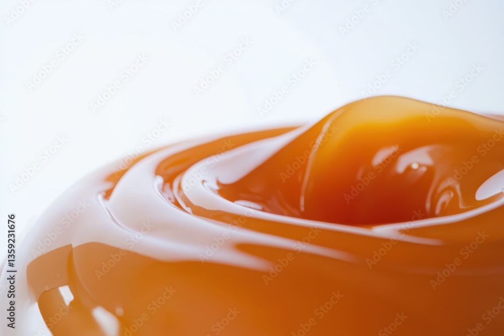 Poster close up view of a swirl of caramel sauce against a bright white background showing a smooth texture