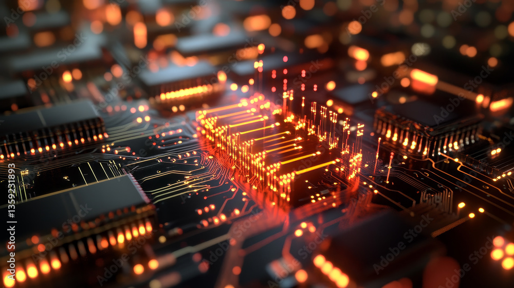 Poster blockchain in global digital network, quantum computer, nanotechnological circuit, high-tech process