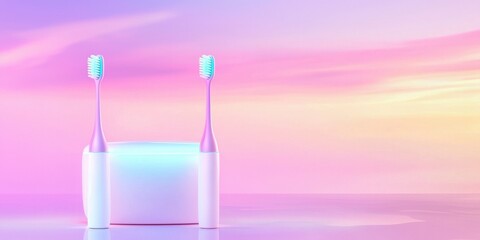 Fototapeta premium Two Electric Toothbrushes in White Charging Station Against Pastel Pink and Purple Sky