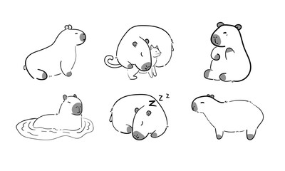 Set of cute capybaras in outline doodle style. Isolated on white background. resting relaxing animals. Vector illustration.
