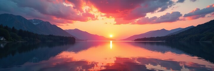 Naklejka premium Beautiful summer sunrise over calm lake with vibrant colors reflecting in the water, creating a stunning panorama, reflection, water