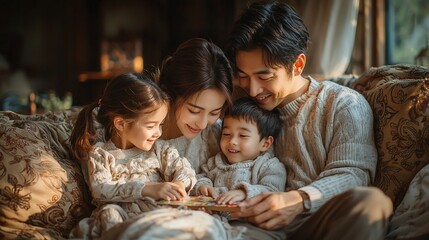 Happy family enjoying quality time together.  A warm and loving family, comprised of parents and two children, are seated close together on a couch, likely playing a game or activity.