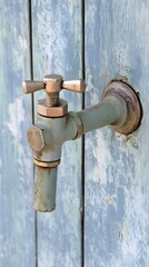 Rustic Vintage Metal Water Faucet on Weathered Blue Wooden Door