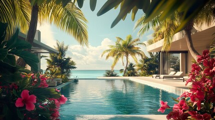 Fototapeta premium Elegant beach house, sleek architecture framed by lush palms, turquoise pool reflecting blue skies, blooming tropical flowers adding charm 