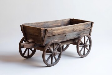 A rustic miniature wooden cart displayed on a clean white background