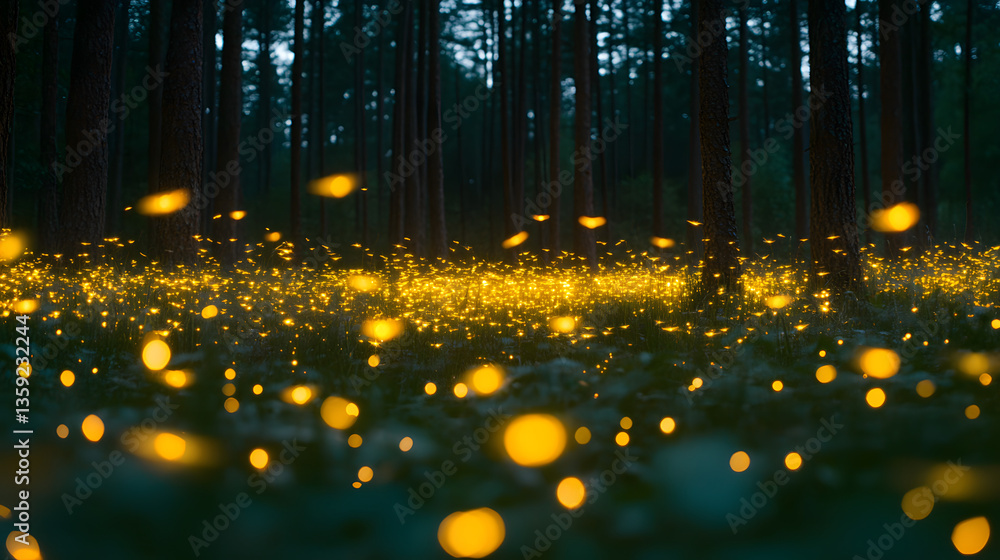 Poster dancing lights: a captivating scene of numerous fireflies illuminated in a mystical forest, their so