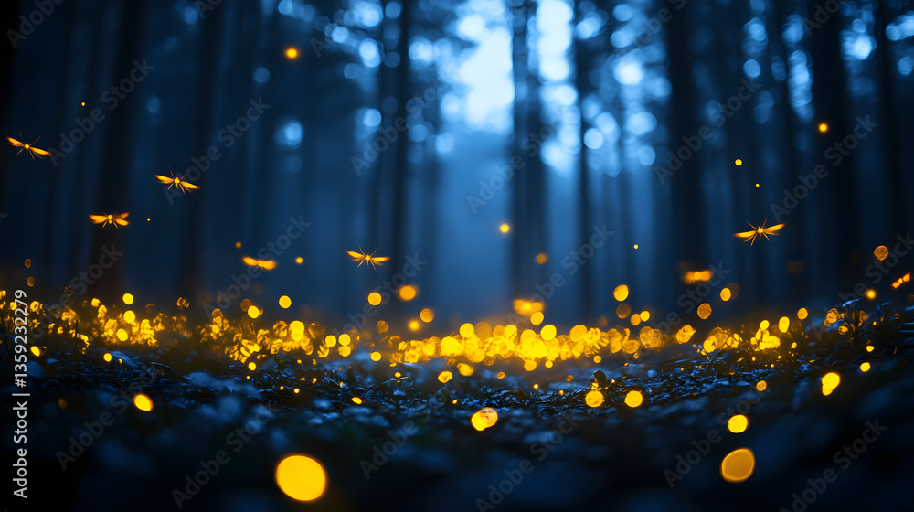 Poster enchanted forest: a mesmerizing capture of fireflies illuminating a mystical forest at twilight, the