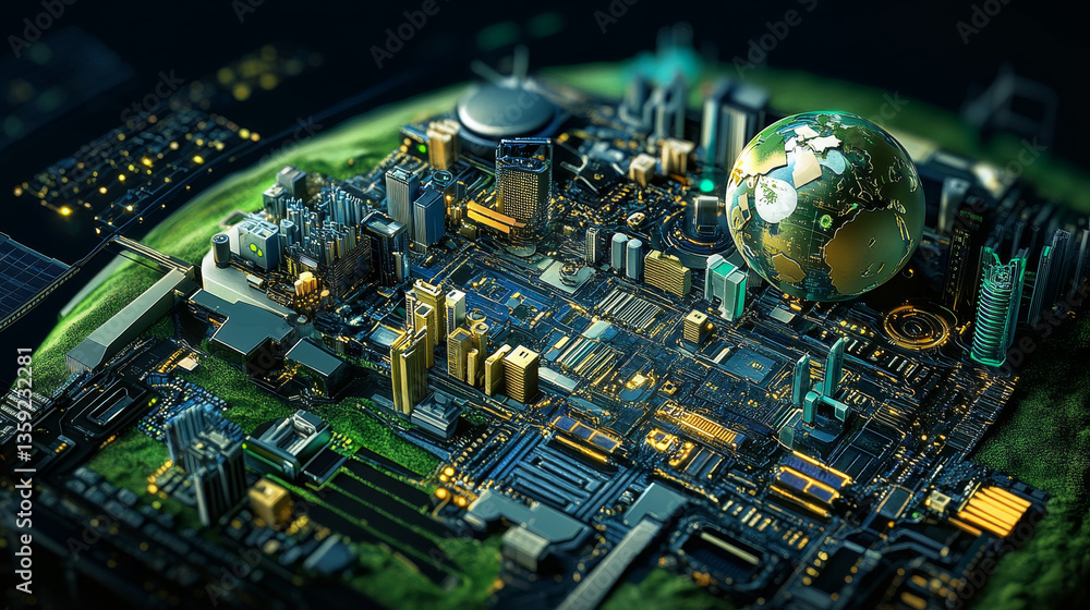 Poster high technology, nanostructures and digital universe. 3d illustration of cyberspace and global datab