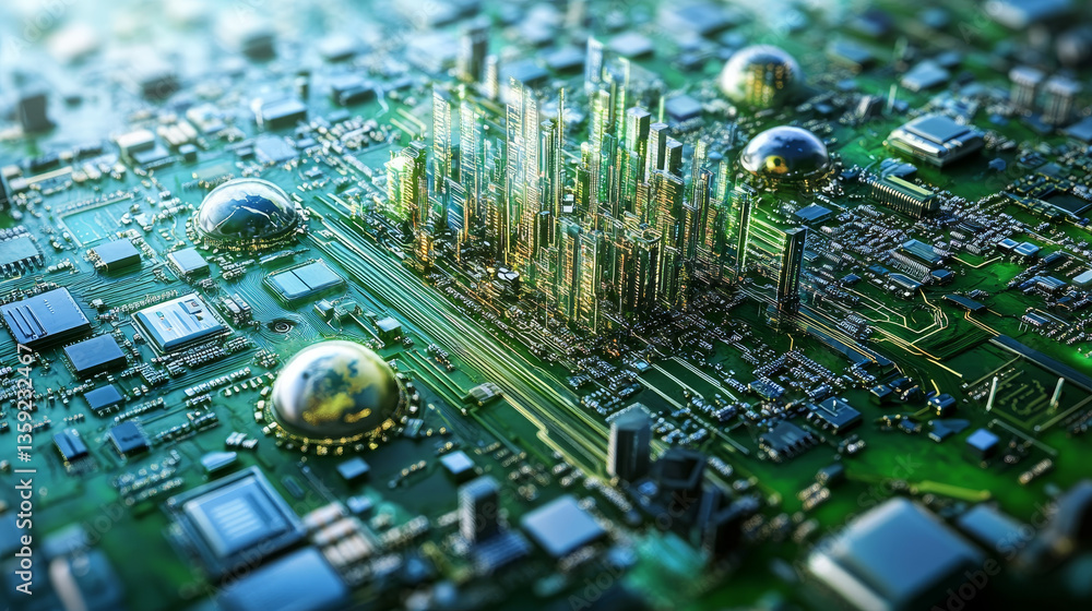 Poster high technology, nanostructures and digital universe. 3d illustration of cyberspace and global datab