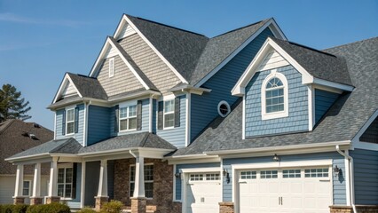 Modern suburban house with blue siding, white trim, and asphalt shingle roofing, featuring classic American architecture in a residential neighborhood.

