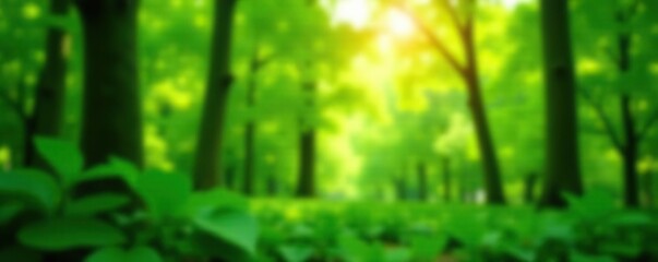 Fototapeta premium Blurred background of lush green forest with sunlight filtering through leaves, tranquility, greenery
