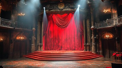 Red velvet stage in an ornate gothic hall. Possible use for theatrical posters or event promotion